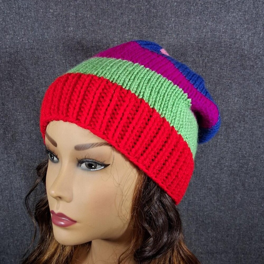 Multi-Color Slouchy Beanie – Hand-Knitted Hat, Unisex Adult & Teen